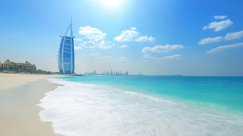 High-rise sail-shaped tower dominates clear Persian Gulf shoreline
