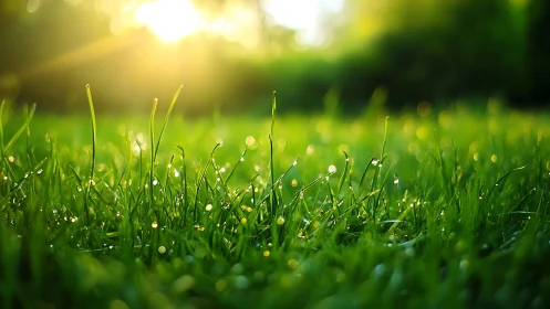 Backlit macro grass blades with shallow depth and dew specular highlights