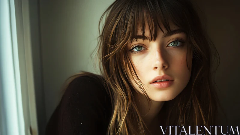 Soft window light portrait in cinematic photorealistic style.