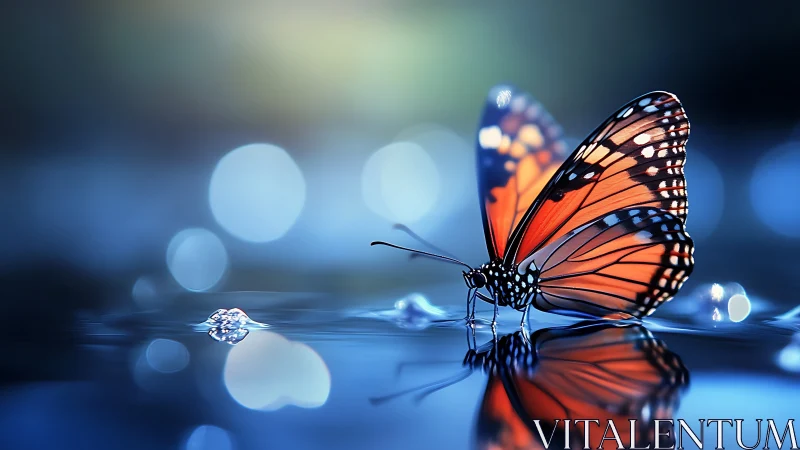 Monarch butterfly resting on reflective blue water surface.