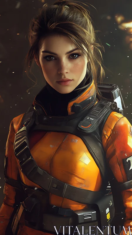Futuristic female explorer in orange tactical exosuit portrait.