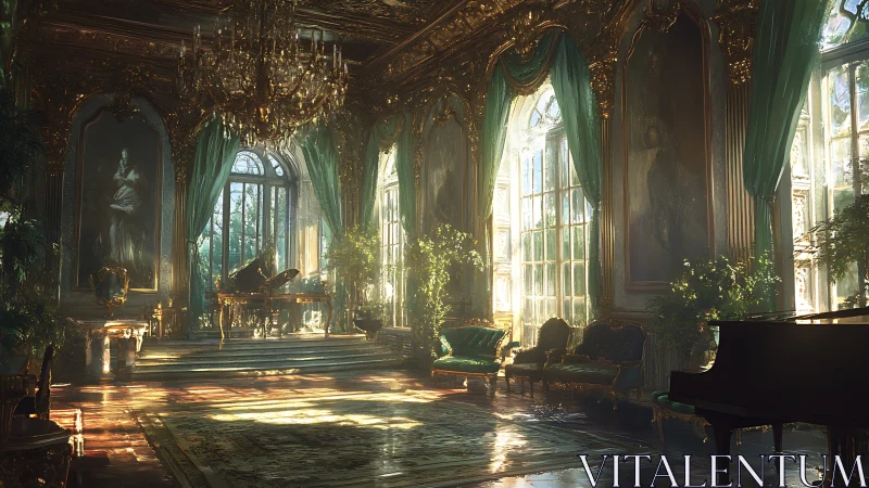 Digital painting of sunlit baroque conservatory music salon.