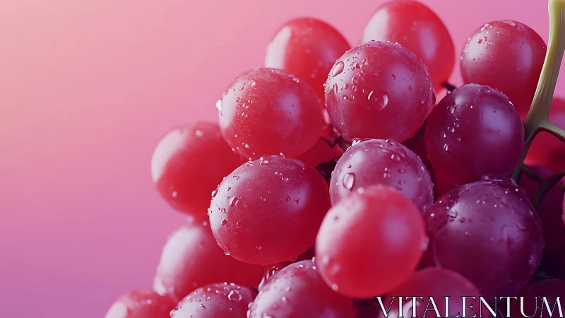 Juicy red grapes glisten softly against a pink glow.