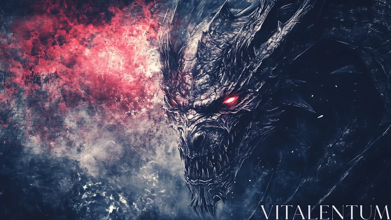 Demonic obsidian dragon portrait with crimson inferno gaze.