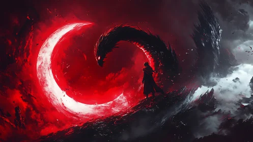 Cloaked figure facing serpentine form beside red crescent.