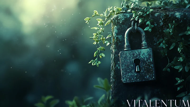 Weathered padlock on mossy stone with soft teal bokeh glow.