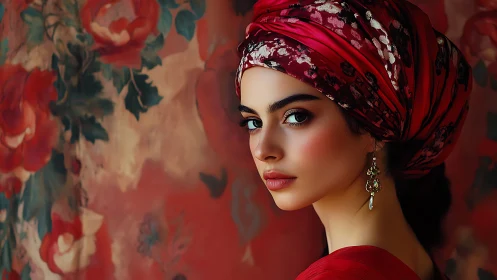 Portrait of woman in red headwrap before floral backdrop