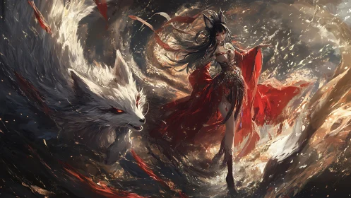 Kitsune sorceress with spectral fox amid swirling fiery vortex