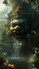 Mystical jungle waterfall pours from an ancient stone guardian