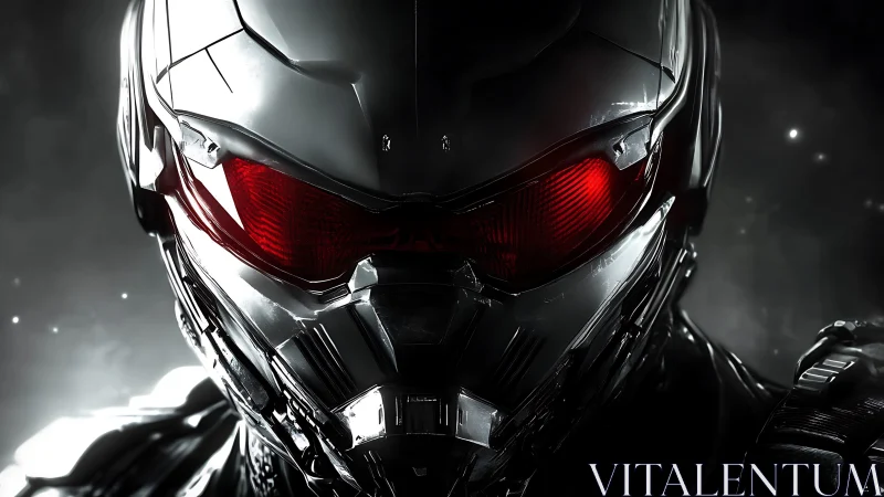 Close frontal view of metallic helmeted robotic figure.