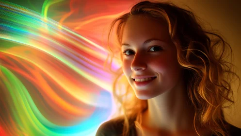 Smiling young woman with luminous multicolor light trails.
