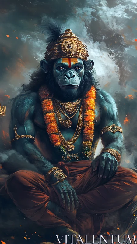 Mythic blue simian deity with ornate gold regalia seated