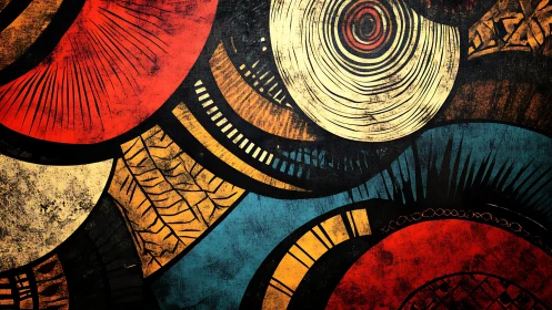 Abstract concentric circles collide in bold distressed color.
