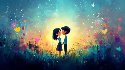 Luminescent Kiss in Floral Field: Digital Illustration with Particle Effects
