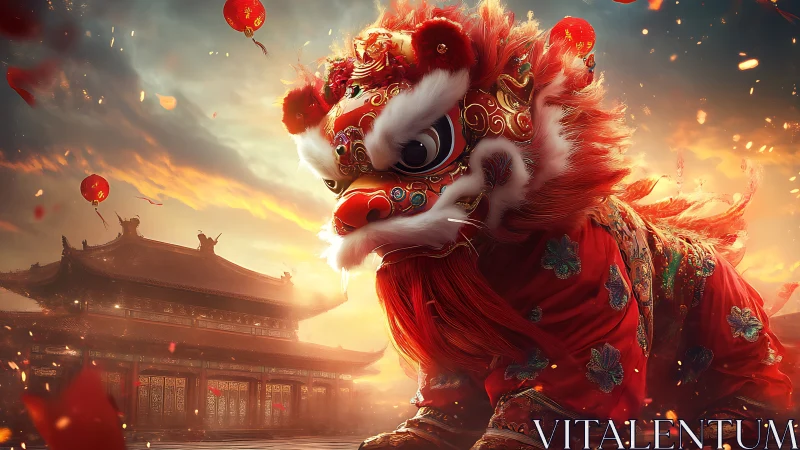 Fiery lunar lion dance before imperial palace at dusk.