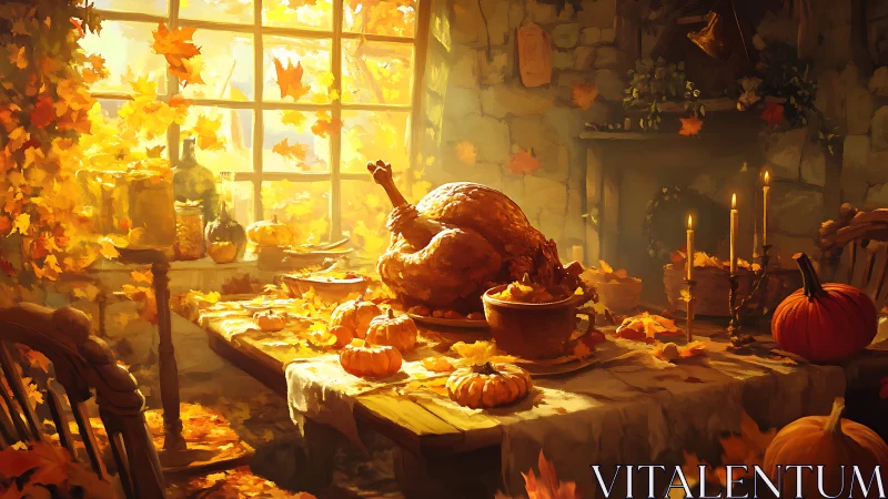 Roasted turkey on rustic autumn table by sunlit window.