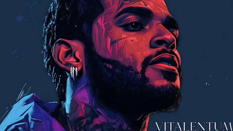 Bold digital portrait of man in neon red and blue light.