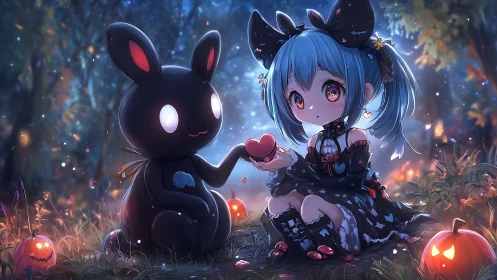 Gothic chibi girl shares glowing heart with shadow bunny