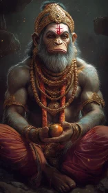 Mythic monkey-headed figure sits cross-legged holding fruit