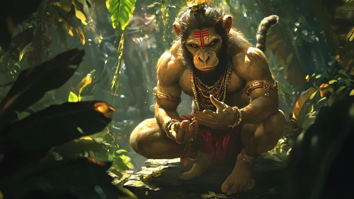 Mythic humanoid monkey warrior crouched in dense jungle.