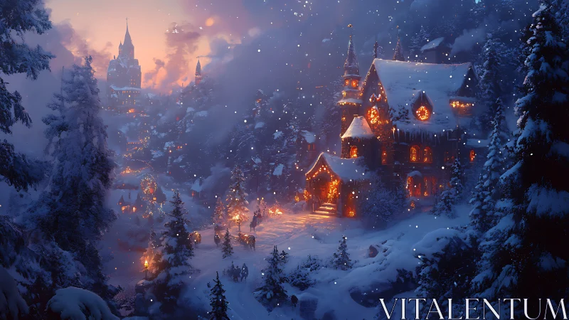 Snow-laden alpine village glows with warm volumetric lighting at dusk