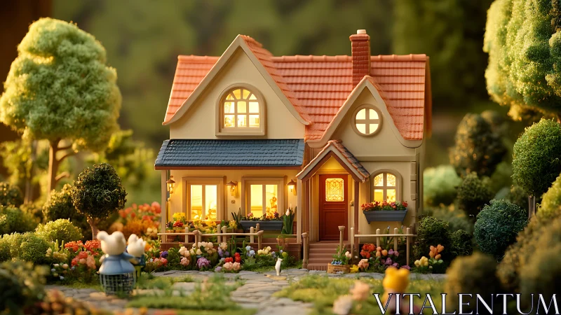Cozy storybook cottage glowing in a tiny garden village.