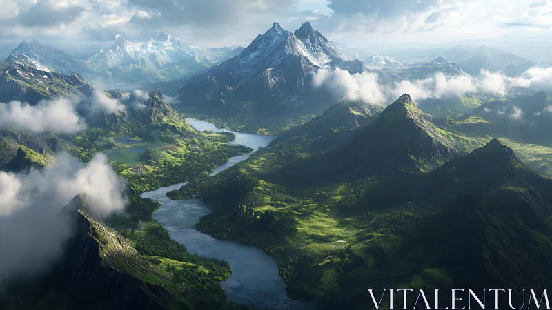 Sunlit river valley winding through dramatic green peaks.