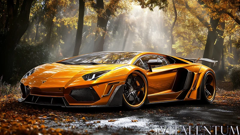 Orange supercar render is positioned on wet forest roadway