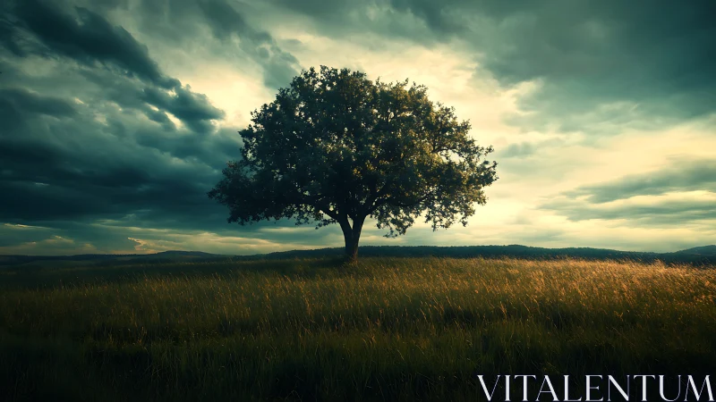 Lone tree in dramatic field landscape, cinematic lighting at dusk.
