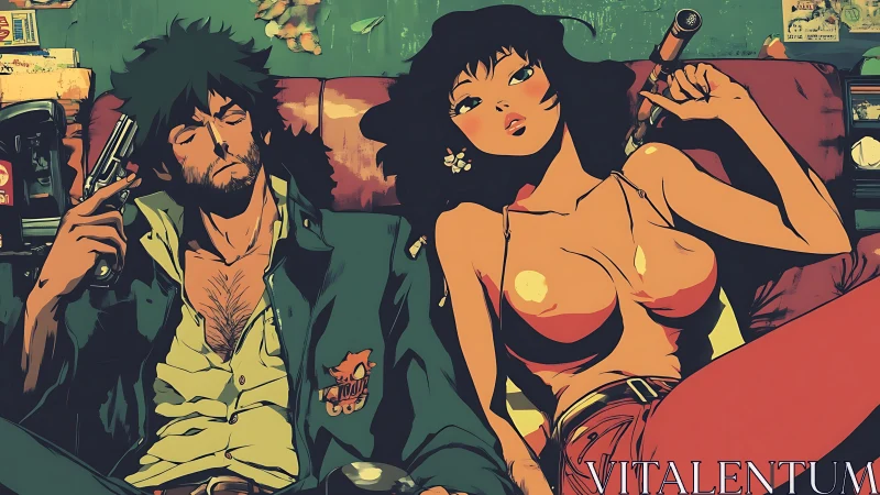 Relaxed gun-wielding couple reclines on worn leather sofa