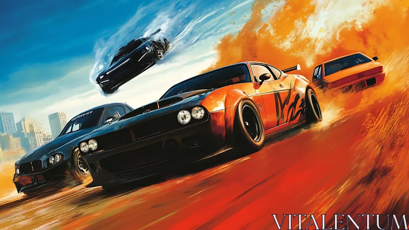 High-velocity muscle cars drift through cinematic dust plumes
