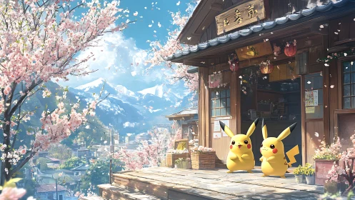 Spring-lit Japanese shop veranda with Pikachu under cherry blossoms