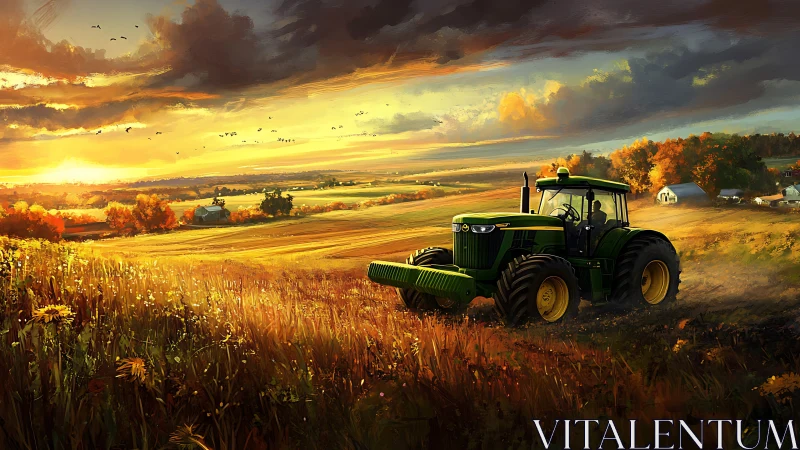 Golden farm sunset with a green tractor at gentle work.