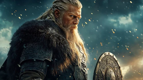 Viking warrior stands under storm sky with burning embers
