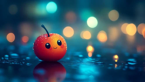 Smiling kawaii cherry rests on wet street with bokeh lights