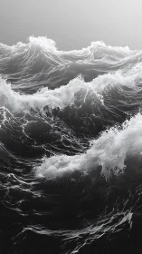 Monochrome ocean waves rise sharply under overcast light