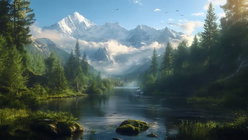 Mountain lake valley under volumetric light with detailed foliage