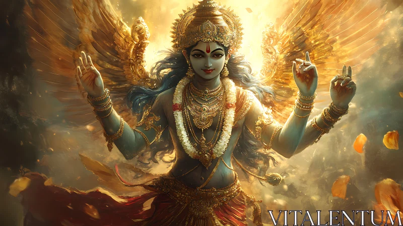 Solar-winged goddess rising through swirling golden petals.