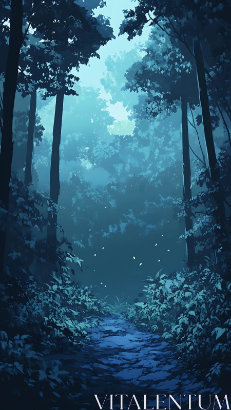 Cyan Sanctuary: Where Towering Trees Guard Luminous Paths.