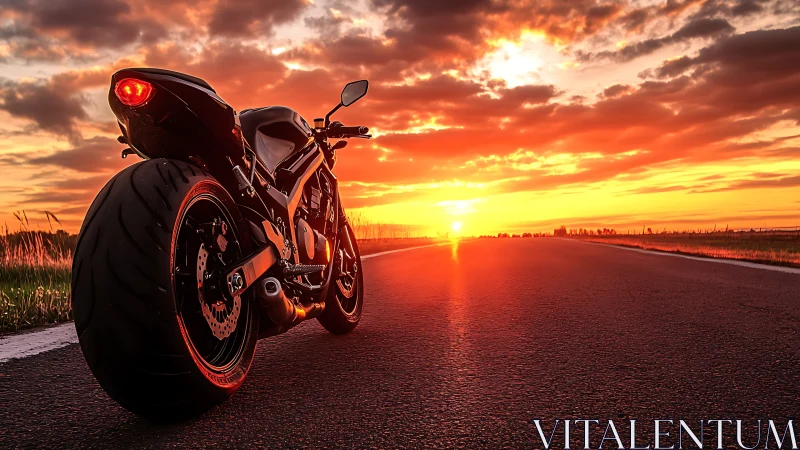 Sport motorcycle poised on open highway at blazing sunset.