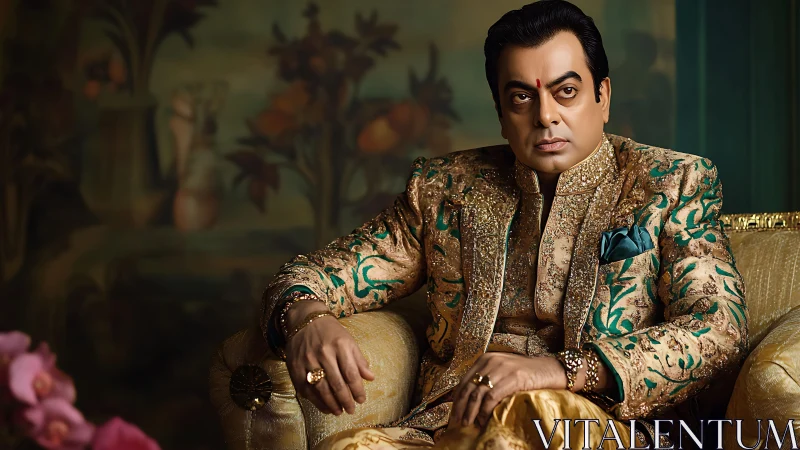 Regal host in embroidered gold sherwani, gaze of command.