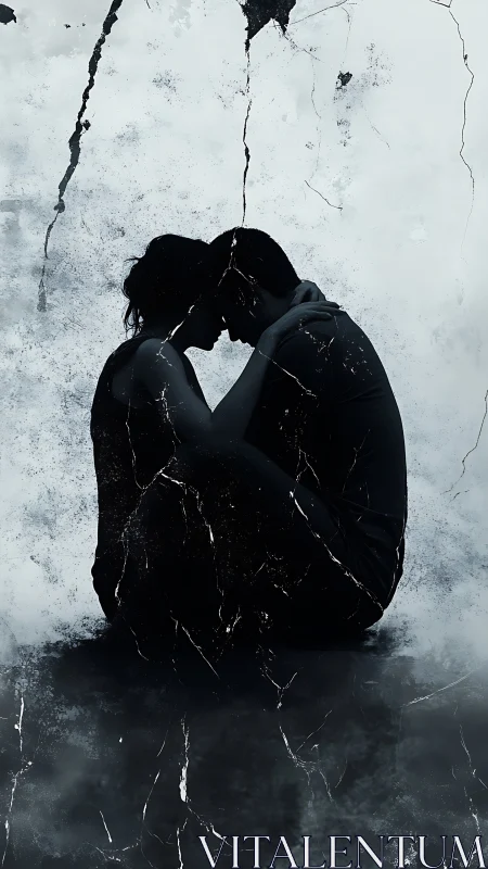 Silhouettes Locked in Tender Embrace Against Fractured Walls.