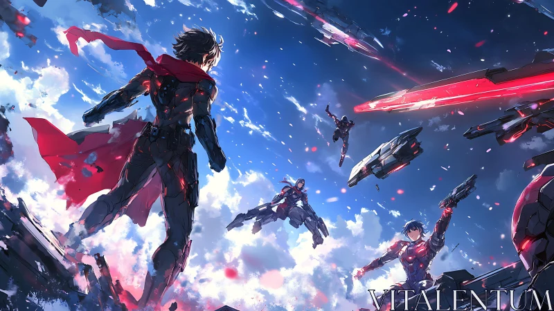 Armored pilots engage aerial mechs above dense cloud layer