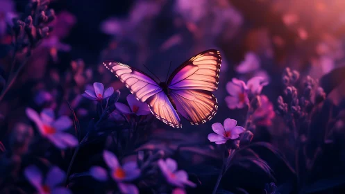 Butterfly with violet wings above softly lit wildflowers.