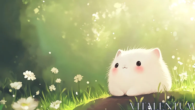 Fluffy white kitten rests in dreamy sunlit forest meadow