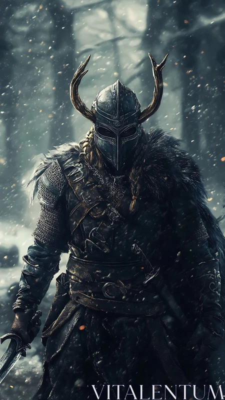 Armored horned warrior standing in snowy forest scene.