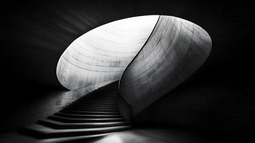 Spiral hush of concrete stairs ascending toward carved daylight.