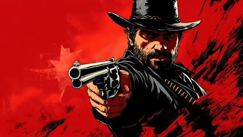 Gunslinger portrait in bold red, high-contrast comic style.