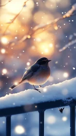 Small Bird Perched on Snowy Ledge with Bokeh Lights