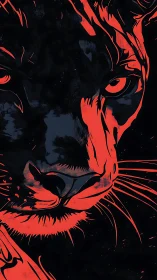 Scarlet panther visage emerging from deep shadowed void.